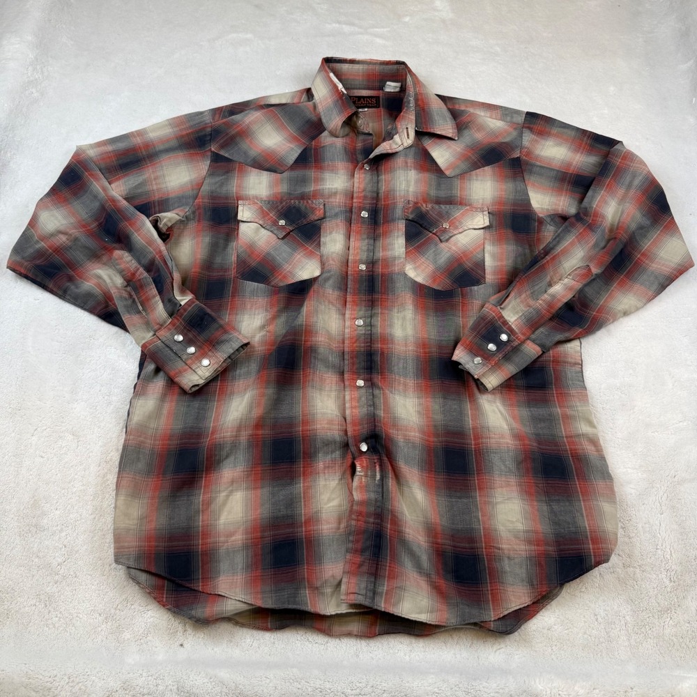 PLAINS WESTERN WEAR Men's Plaid Snap Front Western Shirt Size M‎